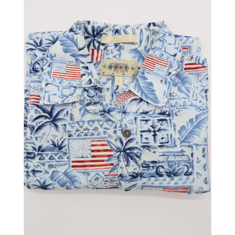 Campia Moda‎ Mens Blue American Flag Palm Tree Cotton Hawaiian Shirt Medium